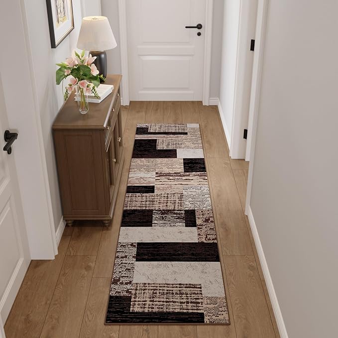 FlyDOIT Modern Geometric Patchwork Area Rug, 2x6 Chocolate Runner Rugs for Living Room, Rockwood Collection Indoor Rugs for Bedroom, Throw Carpet Floor Decor for Entryway Dining Room Office Nursery
