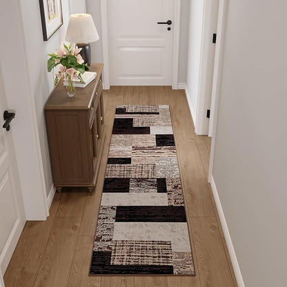 FlyDOIT Modern Geometric Patchwork Area Rug, 2x6 Chocolate Runner Rugs for Living Room, Rockwood Collection Indoor Rugs for Bedroom, Throw Carpet Floor Decor for Entryway Dining Room Office Nursery