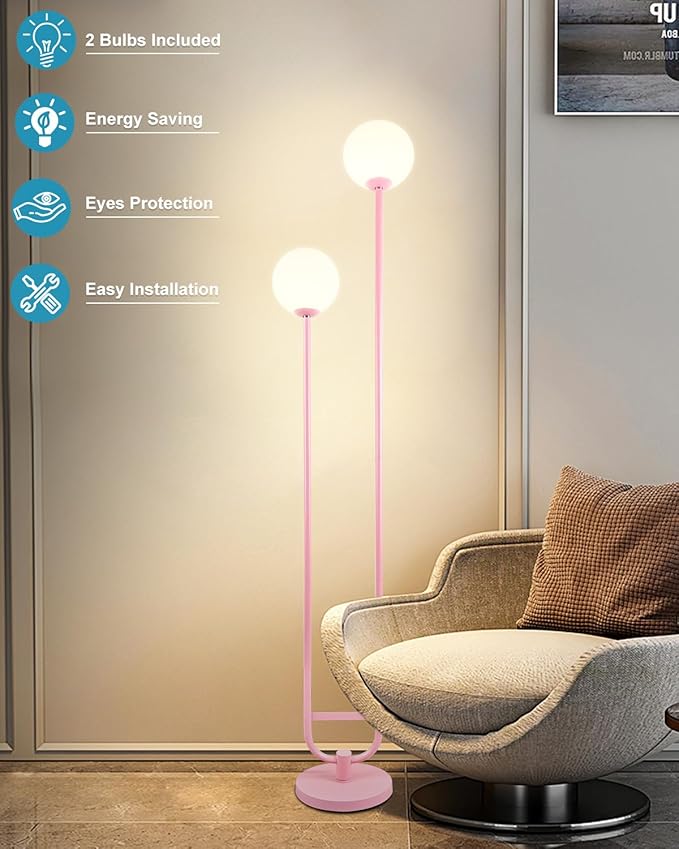Lightdot 63IN Pink Floor Lamp Modern Mid Century Globe Standing Lamps with 3000K LED Bulbs Included Candle Holder Style Vintage Tall Lamp for Living Room/Wedding/Sofa Beside/Corner Decor