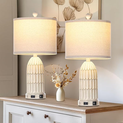 Cinkeda Farmhouse Table Lamps Set of 2, 3-Way Dimmable Touch Lamp for Bedroom Nightstand with USB A+C Ports & AC Outlet, White Vintage Boho Bedside Lamp for Living Room End Table (Bulbs Included)
