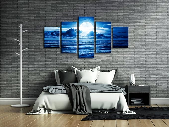 Pyradecor Blue Clouds Modern 5 Panels Moon Sea Beach Canvas Wall Art Large Gallery Wrapped Landscape Giclee Canvas Prints Pictures Artwork Paintings for Living Room Bedroom Home Decorations L