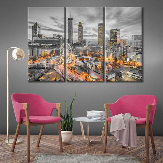 TUMOVO 3 Piece Wall Decor American Cityscape Canvas Paintings for Bedroom, Bathroom, Office. Atlanta Skyscrapers City Skyline Artwork Black and White Wall Art Framed Ready to Hang (42" Wx28 H)