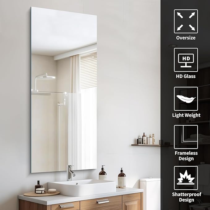 CILIBER Frameless Mirror, 24x60 Mirrors for Wall, Large Bathroom Mirror for Over Sink, Rectangle Frameless Vanity Mirror with Polished Edge, 3mm Tempered Glass, Hangs Horizontally or Vertically