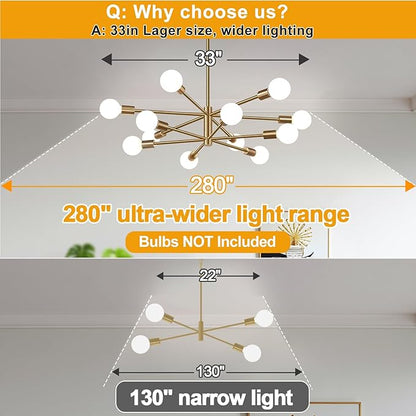 10.9"-52.3" Height Adjustable Sputnik Chandeliers Dining Room Light Fixture (12-Light, 33-Inch), Modern Brushed Brass Chandelier, Mid Century Modern Chandeliers for Dining Room (Bulbs not Included)