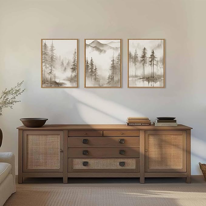 HPNIUB Foggy Mountain Forest Framed Wall Art Set,Abstract Misty Woodland Wall Decor,Neutral Pine Tree Farmhouse Art Print,Modern Nature Landscape Artwork for Living Room, Bedroom,Office-12 x16 x3