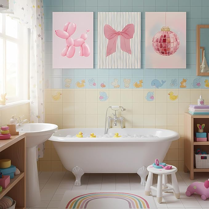 Yxjyzzkx Pink Cute Wall Art Set of 3 – Aesthetic Canvas Prints for Girls Room, Nursery & Kids Bedroom, Pink Bow Balloon Dog Chandelier Artwork, Modern Kawaii Wall Decor