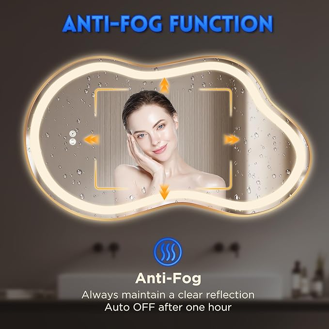 Irregular Led Backlit Bathroom Mirror -24"x36" Single Piece, Asymmetrical Cloud Lighted Vanity Mirror with Lights for Wall, Anit-Fog, Dimmable, Memory (Vertical/Horizontal)
