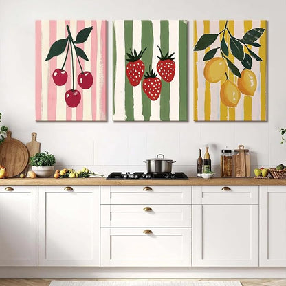 LHHJDIO 3 Piece Trendy Fruit Canvas Wall Art Vintage Kitchen Wall Art Colorful Cherry Strawberry Lemon Pictures Wall Decor Fruit Abstract Art Print for Kitchen Dining Room Bedroom 16"x24"