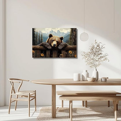 XLMDYYSW Bear Canvas Wall Art Brown Bear Pictures Wall decor Rustic Woodland Wildlife Print Forest Wild Animal Painting for Living Room Bedroom Cabin Framed (20L x 30W)