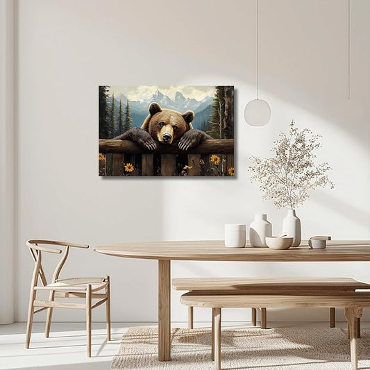 XLMDYYSW Bear Canvas Wall Art Brown Bear Pictures Wall decor Rustic Woodland Wildlife Print Forest Wild Animal Painting for Living Room Bedroom Cabin Framed (20L x 30W)