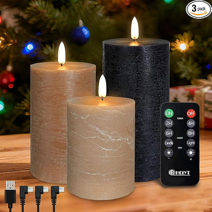 LEDHOLYT Rechargeable Flameless LED Pillar Candles–Luminous Real Wax Indoor Home Decor–Set of 3, Realistic Flickering LED Flame,Remote & Timer, USB-Rechargeable（Caramel Beige）