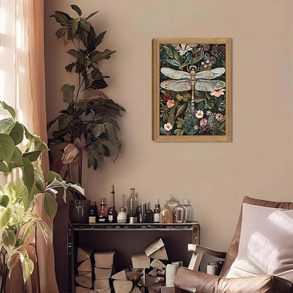 Framed Vintage 3D Textured Wall Art - Dark Green Dragonfly Flowers Wall Decor - Hand Drawn Sandstone Nature Botanical Pictures for Living Room Bedroom Home Decor 12x16in