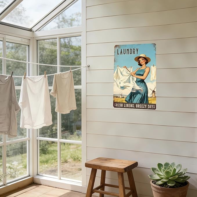 Laundry Vintage Tin Sign Funny Sarcastic Fresh Linens Breezy Days Retro Housewife Design Vintage 1950s Mom 12x8 Inch