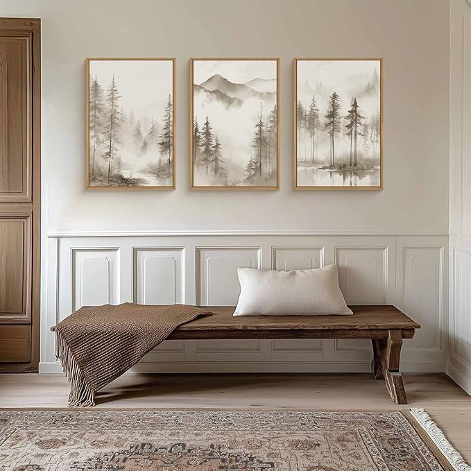 HPNIUB Foggy Mountain Forest Framed Wall Art Set, Abstract Misty Woodland Wall Decor,Neutral Pine Tree Farmhouse Art Print,Modern Nature Landscape Artwork for Living Room, Bedroom,Office-16''x24''x3