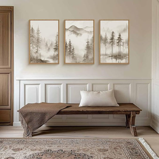 HPNIUB Foggy Mountain Forest Framed Wall Art Set, Abstract Misty Woodland Wall Decor,Neutral Pine Tree Farmhouse Art Print,Modern Nature Landscape Artwork for Living Room, Bedroom,Office-24 x36 x3