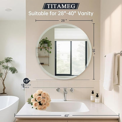 Frameless Round Mirror 28 Inch, Round Mirror with 1 inch Beveled Edge, Beveled Bathroom Mirrors for Vanity, Living Room, Entryways