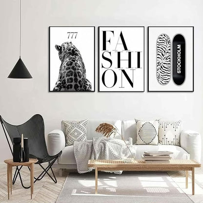 SUOLIUKJYS 3Pcs Trendy Leopard Wall Art Black White Cheetah Wall Decor Fashion Aesthetic Canvas Posters Preppy Stockholm Prints Stylish Cheetah Pictures Y2k Painting For Bedroom 16X24 Inch Unframed