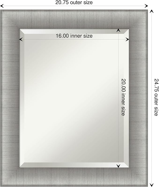 Amanti Art Silver Bathroom Mirror for Over Sink, 25x21 Elegant Brushed Pewter Rectangle Vanity Mirror, Small Casual Frame, Hangs Horizonally and Vertically, Bathroom Wall Decor, Beveled Edge