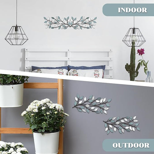 Hotop 2 Pieces Metal Tree Leaf Wall Decor Vine Olive Branch Leaf Wall Art Wrought Iron Scroll Sculptures Above the Bed, Living Room, Outdoor Decoration(Fresh Style,Fresh Color)