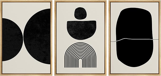 SIGNLEADER Framed Canvas Print Wall Art Set Array of Circles and Semi-Circles Abstract Shapes Illustrations Modern Art Minimalist Black and White for Living Room, Bedroom, Office - 16"x24"x3 NATURAL