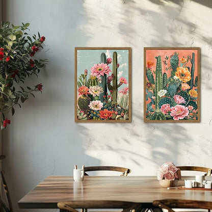 Framed Mexican Cactus Canvas Wall Art Set of 2, Vintage Desert Floral Wall Decor Paintings, Southwestern Boho Botanical Pictures Prints Aesthetic Home Decor for Living Room Bedroom Bathroom 12x16 inch