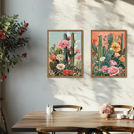 Framed Mexican Cactus Canvas Wall Art Set of 2, Vintage Desert Floral Wall Decor Paintings, Southwestern Boho Botanical Pictures Prints Aesthetic Home Decor for Living Room Bedroom Bathroom 12x16 inch