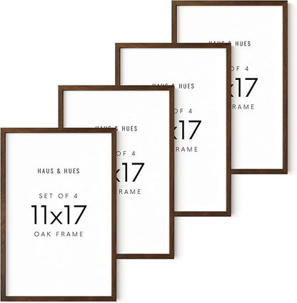 HAUS AND HUES 11x17 Walnut Oak Frame Set of 4 - Wooden Poster Holders, Rustic Gallery Wall Display