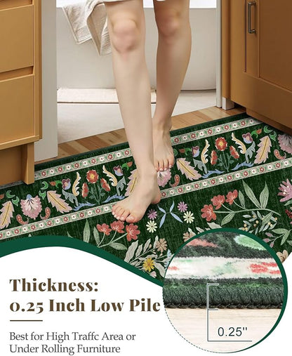 Lunasun Green Washable Floral 2x6 Runner Rug for Hallway- Stain Resistant Kitchen Runners, Botanical & Animal Indoor Floor Mat for Bathroom, Soft Non Slip with Rubber Backed