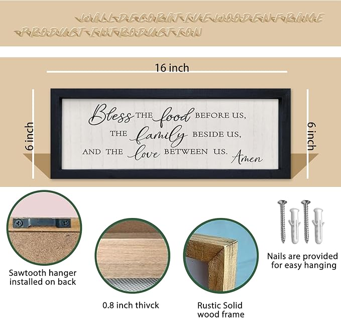 comurdyo Modern Religious Holy Dining Room Bless the Food Before Us Prayer Sign Wall Decor 16"×6" Framed Wood for Small Rustic Minimalist Christian Catholic Kitchen Wall Art Hanging (Black)