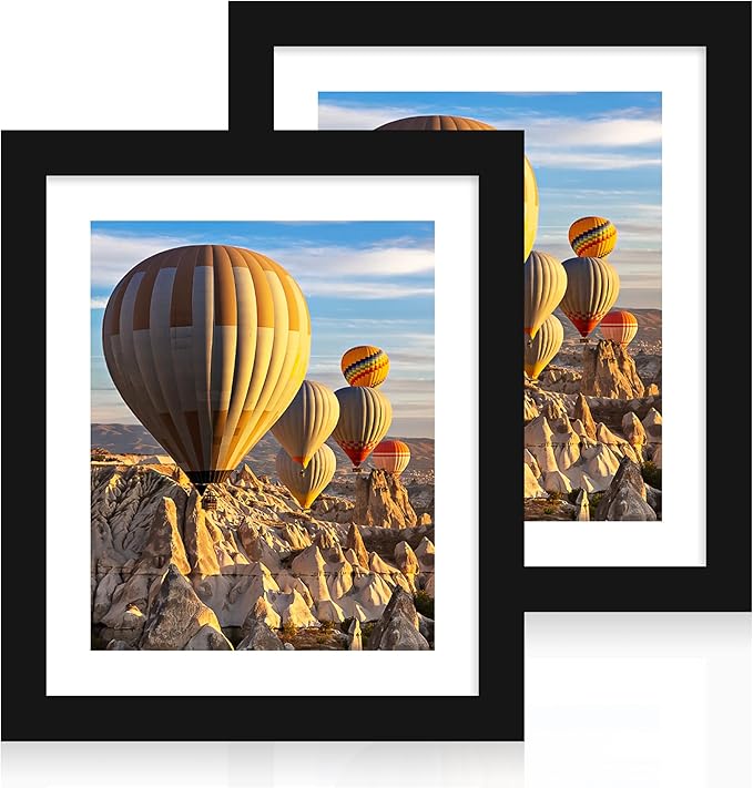 iRahmen 10x12 Picture Frame with Mat 8x10 - High Definition Tempered Glass Wooden Photo Frames for Tabletop Display and Wall Mounting (Pure Black, Set of 2)