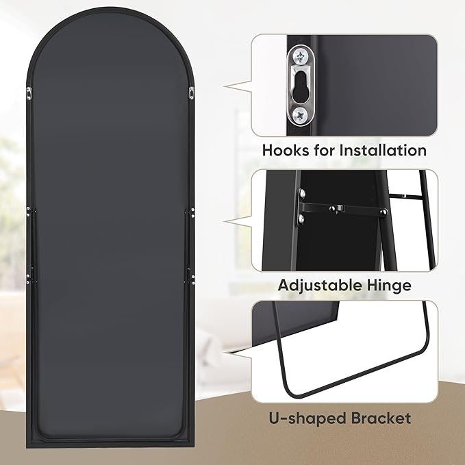 Antok Arched Full Length Mirror, 68"x28" Black Metal Frame Floor Mirror for Bedroom Living Room, Freestanding/Wall Mount/Leaning