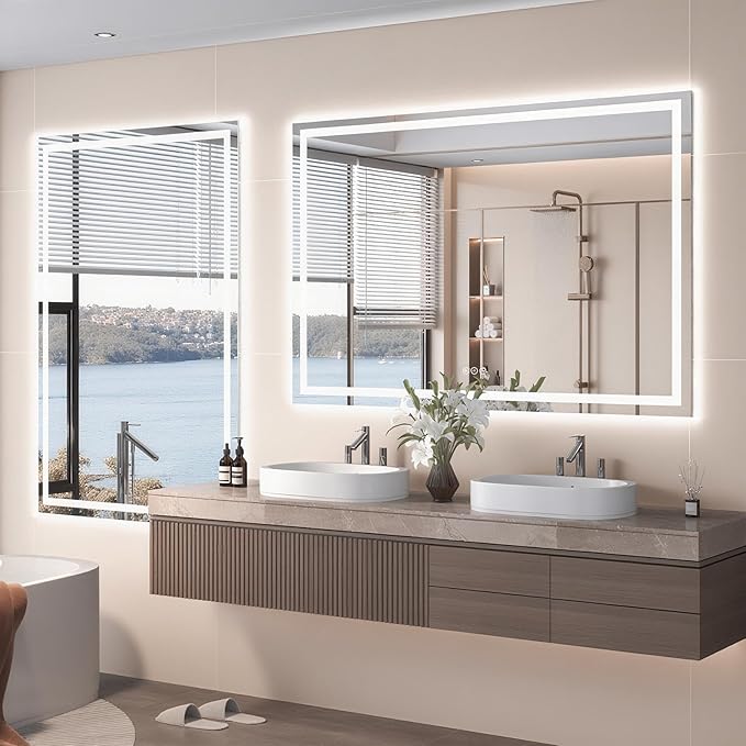 Snowdool 72"X40" LED Bathroom Mirror with Front Lights and Backlit, Anti-Fog, Dimmable, Shatter-Proof Tempered Glass, Lighted Bathroom Vanity Mirror for Wall with 3 Colors, Memory Function