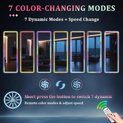 RGB LED Full Length Mirror, 63"x20" Floor Full Body Standing Mirror with 7-Color Changing RGB Lights with Remote & Touch Control, Dimmable Lighted for Gaming Room, Living Room