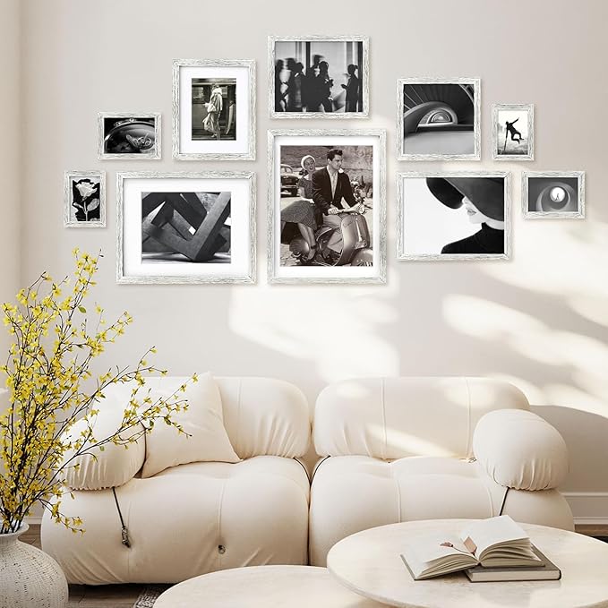 Egofine 8x8 Picture Frame Made of Solid Wood with Plexiglass, Display Pictures 4x4/6x6 with Mat or 8x8 Without Mat Set of 4 for Tabletop and Wall Mounting, Driftwood White