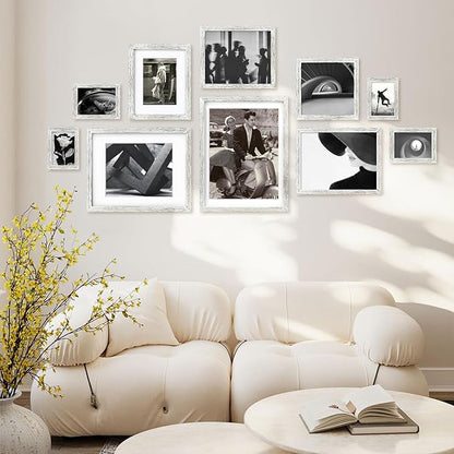 Egofine 8x8 Picture Frame Made of Solid Wood with Plexiglass, Display Pictures 4x4/6x6 with Mat or 8x8 Without Mat Set of 4 for Tabletop and Wall Mounting, Driftwood White