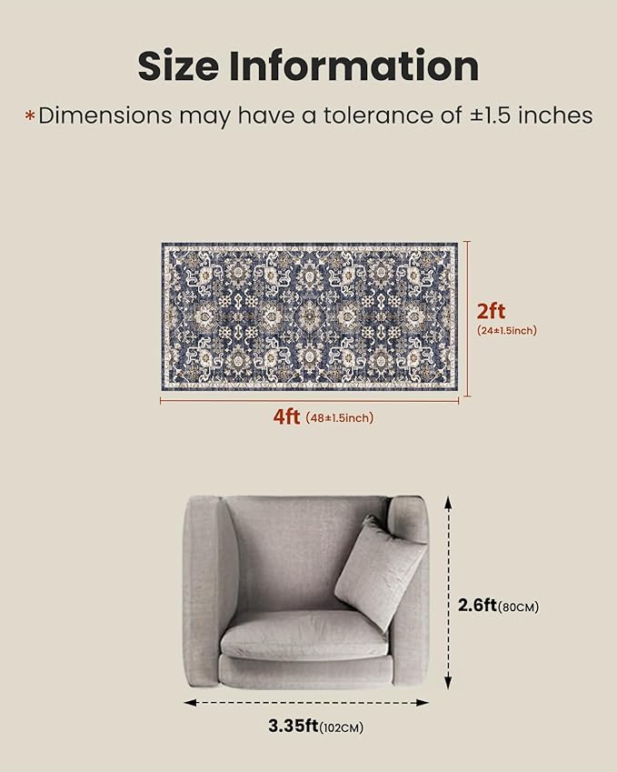AMADA HOMEFURNISHING 2x4 Washable Area Rug, Low-Profile Entryway Rug with Non-Slip Backing & Durable Edge Binding, Vintage Rug Pattern, Small Rugs for Entryway, Kitchen & Living Room