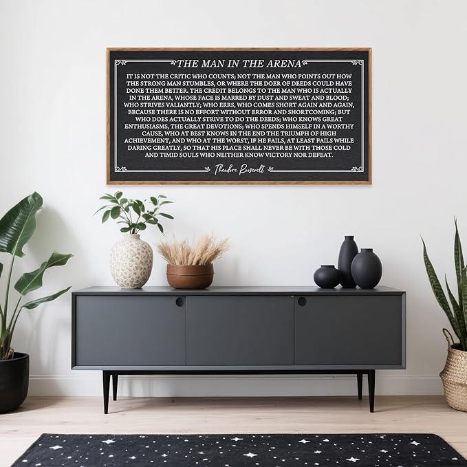 Aurlan The Man In The Arena Framed Canvas Wall Art(40"x20"), Rustic Motivational Inspirational Positive Gift for Teens, Large Theodore Roosevelt Speech Quotes Artwork Decor for Home Office Bedroom Dining Room
