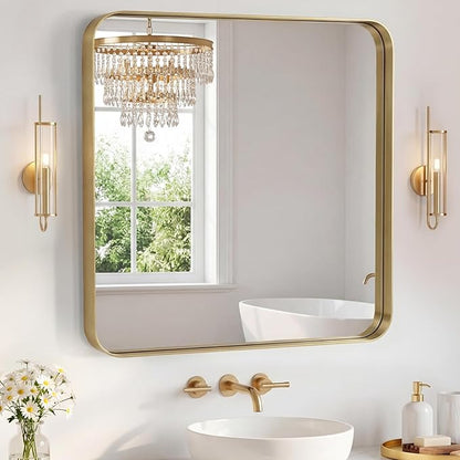 NEWBULIG 36X36 Inch Bathroom Mirror for Over Sink, Wall Vanity Mirrors Tempered Glass, Anti-Rust Metal Framed Rounded Rectangle, Hangs Horizontally or Vertically, Farmhouse Home Decor, Gold