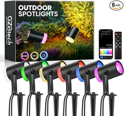GZBtech Waterproof Landscape Spotlights, 24V RGB+IC+CCT Color Changing Outdoor Pathway Lighting, App&Remote Control Work with Alexa, Aluminum Dimmable LED Spot Light for Garden Yard Decor, 6 Pack