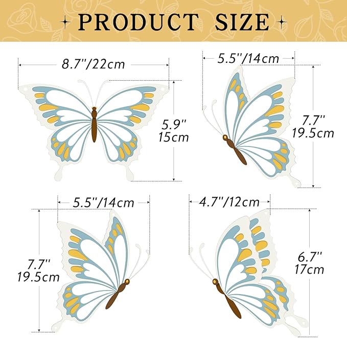 PoYang 4 Pieces Metal Butterfly Wall Decor - Butterflies Metal Wall Art for Living Room Dining Room Bedroom Bathroom Kitchen | Blue and Yellow | Lightweight | Cute and Modern | Easy to Install