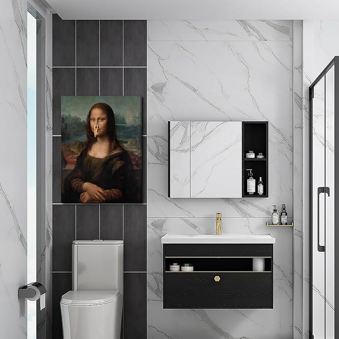 FWAHREN Funny Mona Lisa Bathroom Canvas Wall Art, Framed Vintage Painting Pictures Artwork, Black and White Mona Lisa with Clothespin Nose Poster Wall Decor for Restroom Toilet, Wrapped Canvas 12x16in