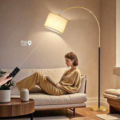 Ambimall Dimmable Arc Floor Lamp with Remote, Color Temperatures and Brightness Adjustable, Arched Floor Lamp with Rotating Head, Over Couch Arched Reading Light for Living Room (Black and Gold)