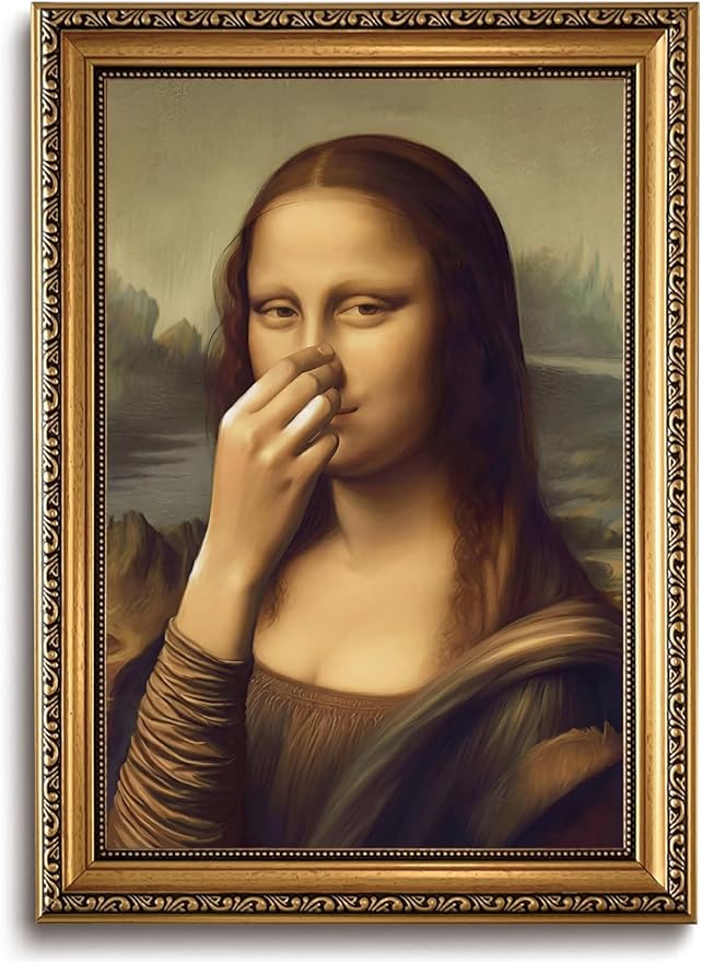 WZGZXU Vintage Gold Framed Wall Art Monalisa Holding Her Nose Wall Decor Monalisa Bathroom Canvas Art Funny Toilet Pictures Humor Imitation Paintings Ptints For Toilets Bathroom