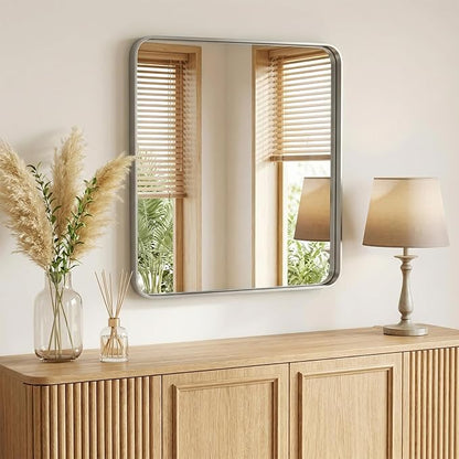 NEWBULIG 28X32 Inch Bathroom Mirror for Over Sink, Wall Vanity Mirrors Tempered Glass, Anti-Rust Metal Framed Rounded Rectangle, Hangs Horizontally or Vertically, Farmhouse Home Decor, Silvery