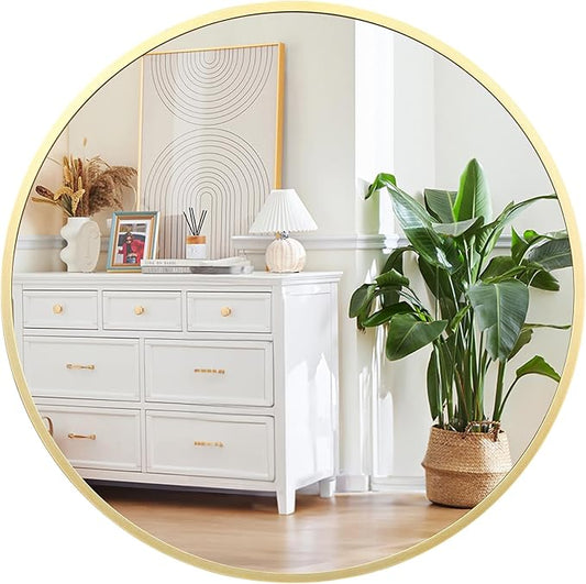 GarveeHome Gold Round Mirror for Wall 32 in, Aluminum Alloy Frame Round Mirror, High Definition Eco-Friendly Gold Circle Bathroom Mirror for Over Sink, Wall Mirror for Entryway, Bathroom, Vanity