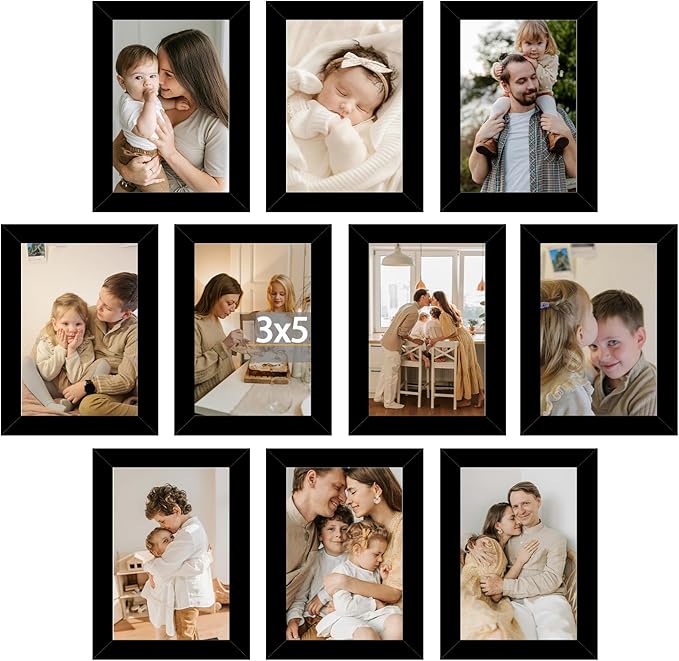 JCJMY 10 Packs 3x5 Picture Frames, Lightweight 3 by 5 Frames Bulk Set of 10 Collage Wall Decor Photo Frames Set for Wall and Tabletop, Black