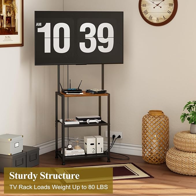 14 Inch to 42 Inch Small Corner TV Stand for Bedroom With 3 Tiers Storage Shelves, Floor Universal Television Stand With Mount For 40 Inch 32 Inch TV,Brown TV Table Shelf With Adjustable Feet, Sturdy