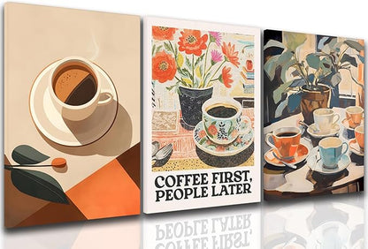 Vintage Coffee Kitchen Canvas Wall Art Set of 3, Fashion Aesthetic Flowers Espresso Poster Picture, Simple Travel Drinks Wall Decor Painting Prints for Dining Room Cafe Bar 12x16 Inch Framed