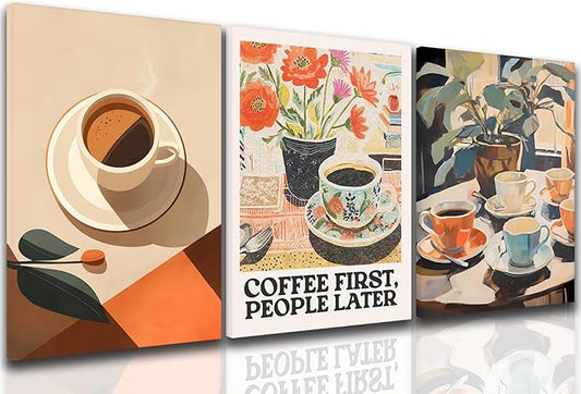 Vintage Coffee Kitchen Canvas Wall Art Set of 3, Fashion Aesthetic Flowers Espresso Poster Picture, Simple Travel Drinks Wall Decor Painting Prints for Dining Room Cafe Bar 12x16 Inch Framed