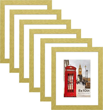 PEALSN 8x10 Picture Frame Set of 6, Display Pictures 5x7 with Mat or 8x10 Without Mat for Wall Mounting or Table Top Display, Photo Frames Collage for Wall Decor, Gold